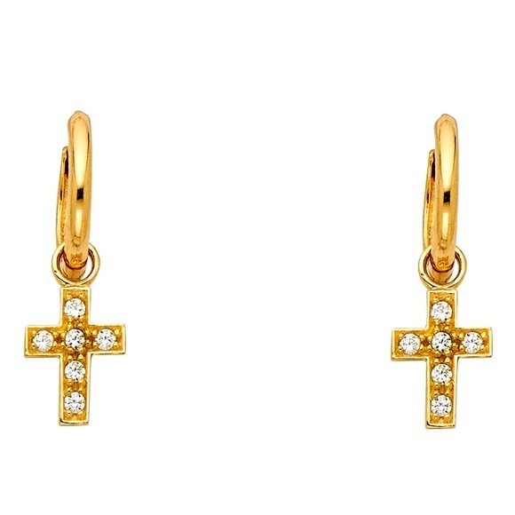 14k yellow gold Religious Cross CZ Drop Earrings